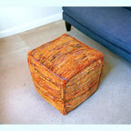 18 Orange Recycled Silk and Cotton Blend Cube Pouf Ottoman