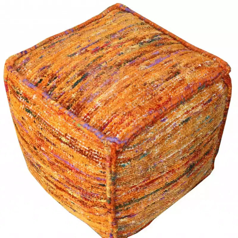 18 Orange Recycled Silk and Cotton Blend Cube Pouf Ottoman
