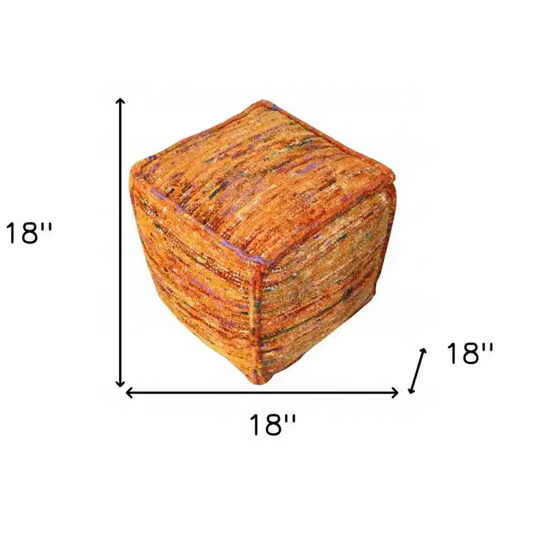 18 Orange Recycled Silk and Cotton Blend Cube Pouf Ottoman