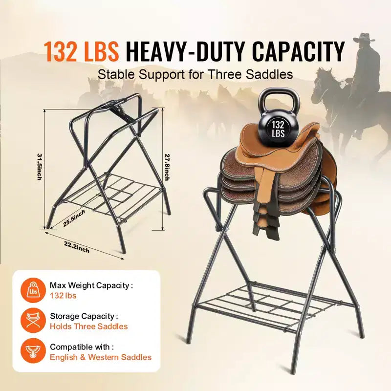 Folding Saddle Rack, Freestanding Horse Saddle Stand, Portable Horse Blanket Holder, Heavy Duty Steel Saddle Rack, Black