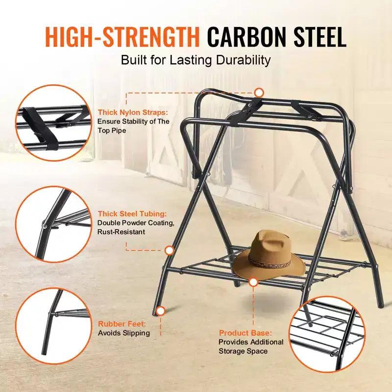 Folding Saddle Rack, Freestanding Horse Saddle Stand, Portable Horse Blanket Holder, Heavy Duty Steel Saddle Rack, Black