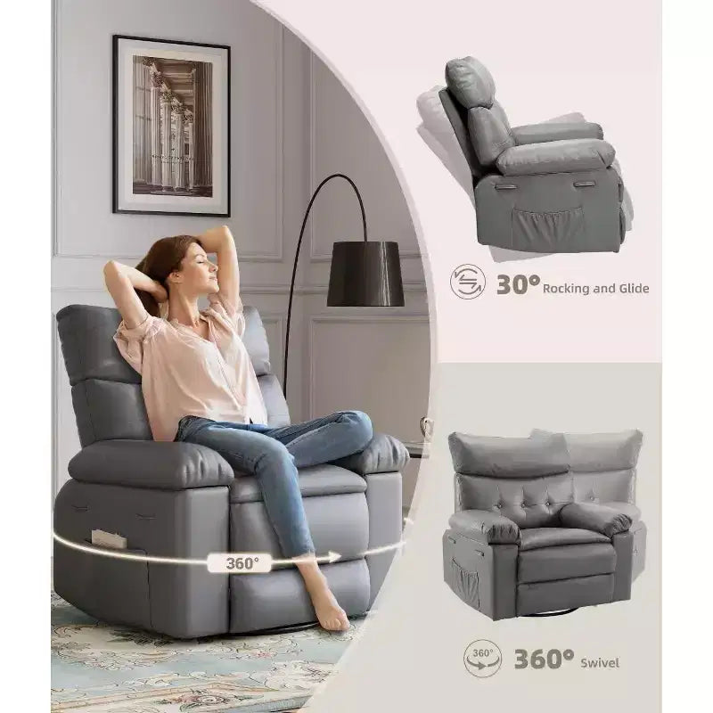 27 Oversized Recliner with Heat & Massage 360 Swivel & Manual Rocking, Remote Control for Living Room, Bedroom