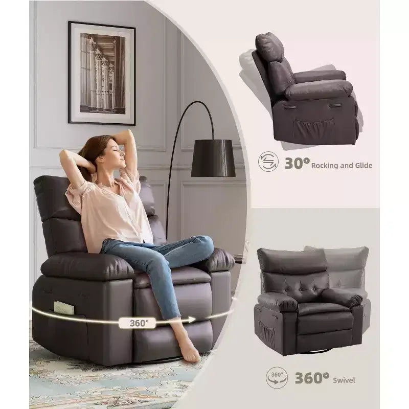 27 Oversized Recliner with Heat & Massage 360 Swivel & Manual Rocking, Remote Control for Living Room, Bedroom