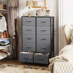 Tall Dresser with 10 Fabric Drawers, Storage Tower with Cabinet, Metal Frame, Organizer Units for Closet