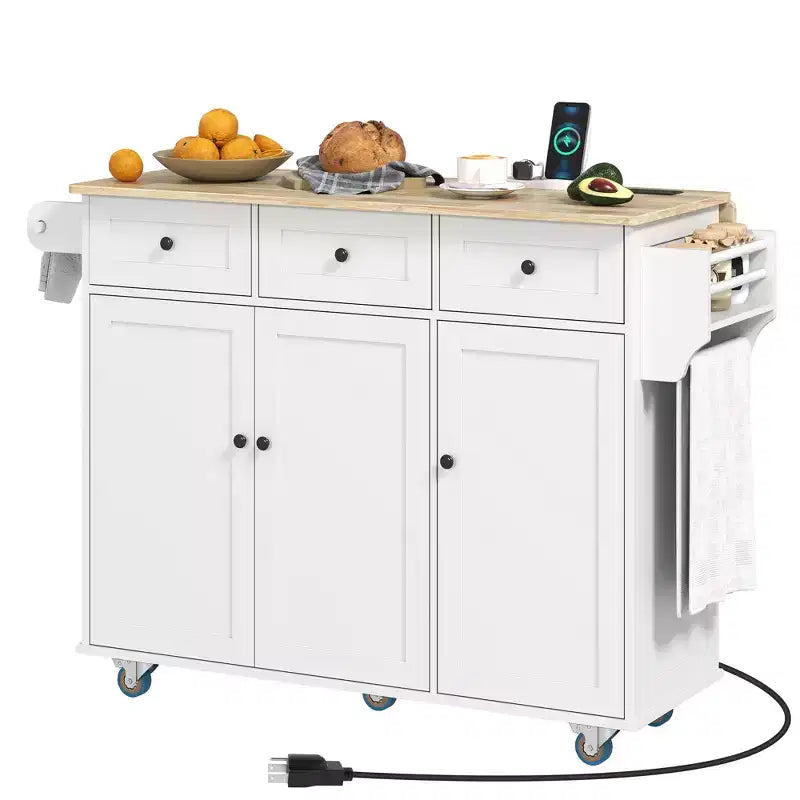 Rolling Kitchen Island with Charging Station and Drop Leaf, 53 Kitchen Island Table with Wood Top, 3 Drawers, Adjustable Shelf