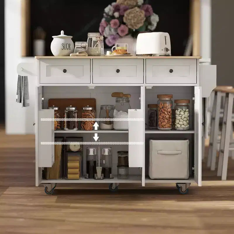 Rolling Kitchen Island with Charging Station and Drop Leaf, 53 Kitchen Island Table with Wood Top, 3 Drawers, Adjustable Shelf