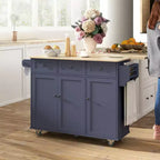 Rolling Kitchen Island with Charging Station and Drop Leaf, 53 Kitchen Island Table with Wood Top, 3 Drawers, Adjustable Shelf
