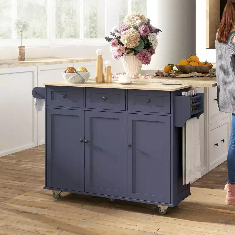 Rolling Kitchen Island with Charging Station and Drop Leaf, 53 Kitchen Island Table with Wood Top, 3 Drawers, Adjustable Shelf
