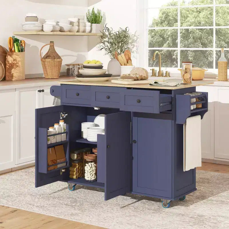 Rolling Kitchen Island with Charging Station and Drop Leaf, 53 Kitchen Island Table with Wood Top, 3 Drawers, Adjustable Shelf