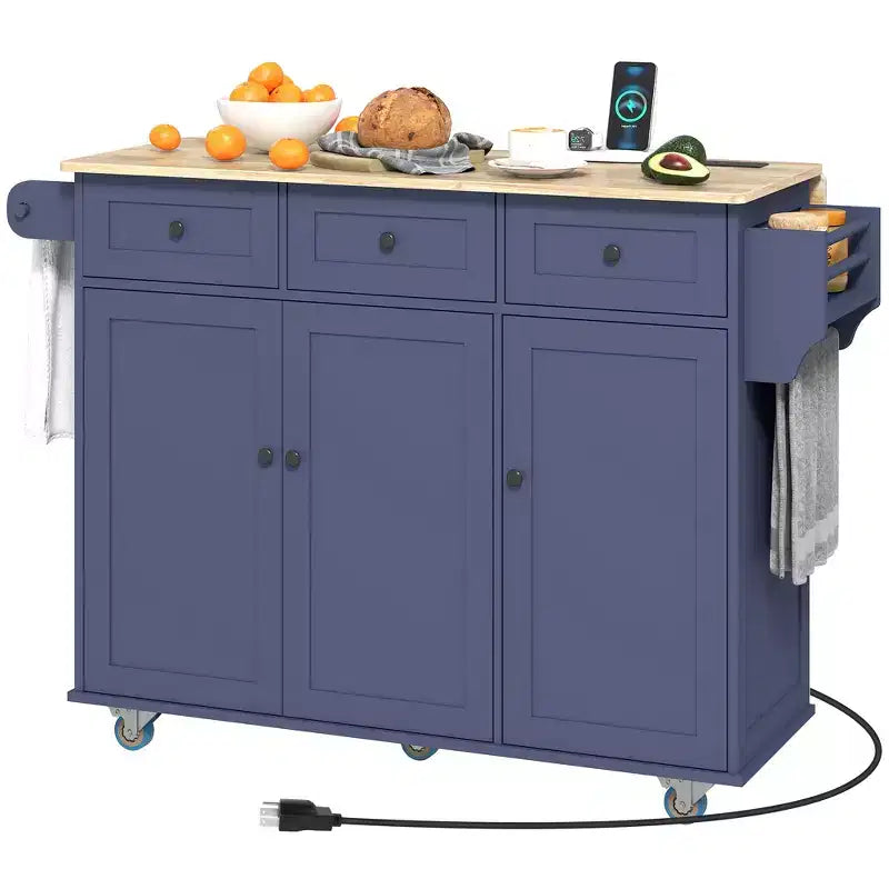Rolling Kitchen Island with Charging Station and Drop Leaf, 53 Kitchen Island Table with Wood Top, 3 Drawers, Adjustable Shelf