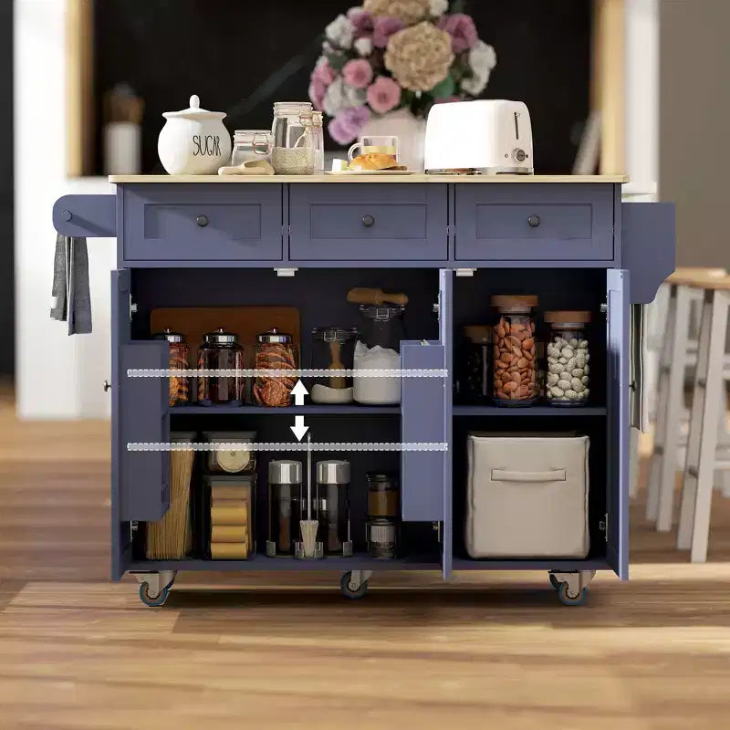 Rolling Kitchen Island with Charging Station and Drop Leaf, 53 Kitchen Island Table with Wood Top, 3 Drawers, Adjustable Shelf