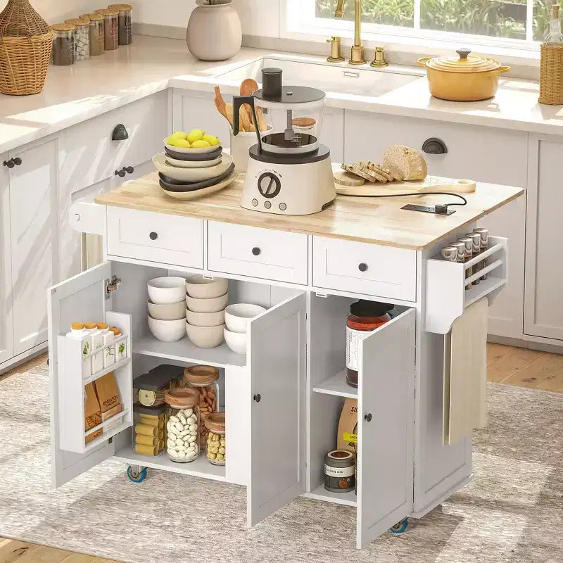 Rolling Kitchen Island with Charging Station and Drop Leaf, 53 Kitchen Island Table with Wood Top, 3 Drawers, Adjustable Shelf