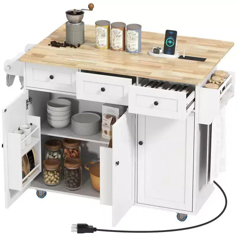 Rolling Kitchen Island with Charging Station and Drop Leaf, 53 Kitchen Island Table with Wood Top, 3 Drawers, Adjustable Shelf