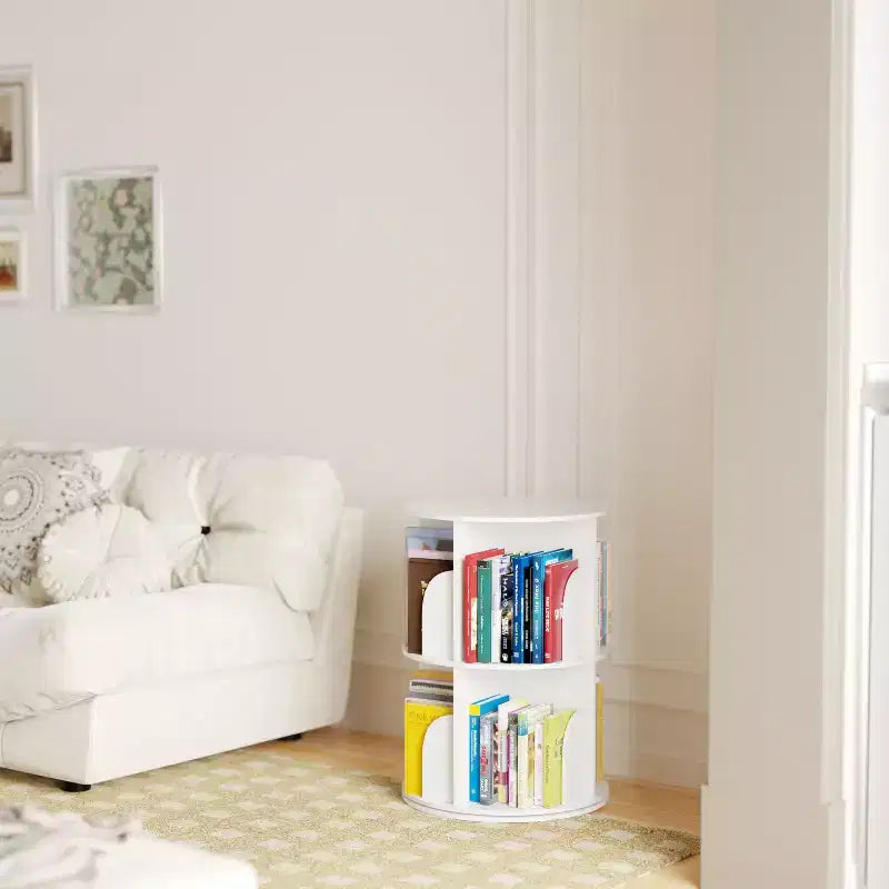 Rotating Bookshelf, Vertical 360 Spinning Shelf Organizer, Space-Saving Round Tower, White