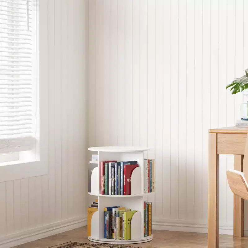 Rotating Bookshelf, Vertical 360 Spinning Shelf Organizer, Space-Saving Round Tower, White