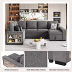 109 U-Shaped Sectional Sleeper Sofa with USB Ports, Storage Chaise & 4 Pillows - Convertible Sofa Bed for Living Room