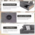 109 U-Shaped Sectional Sleeper Sofa with USB Ports, Storage Chaise & 4 Pillows - Convertible Sofa Bed for Living Room