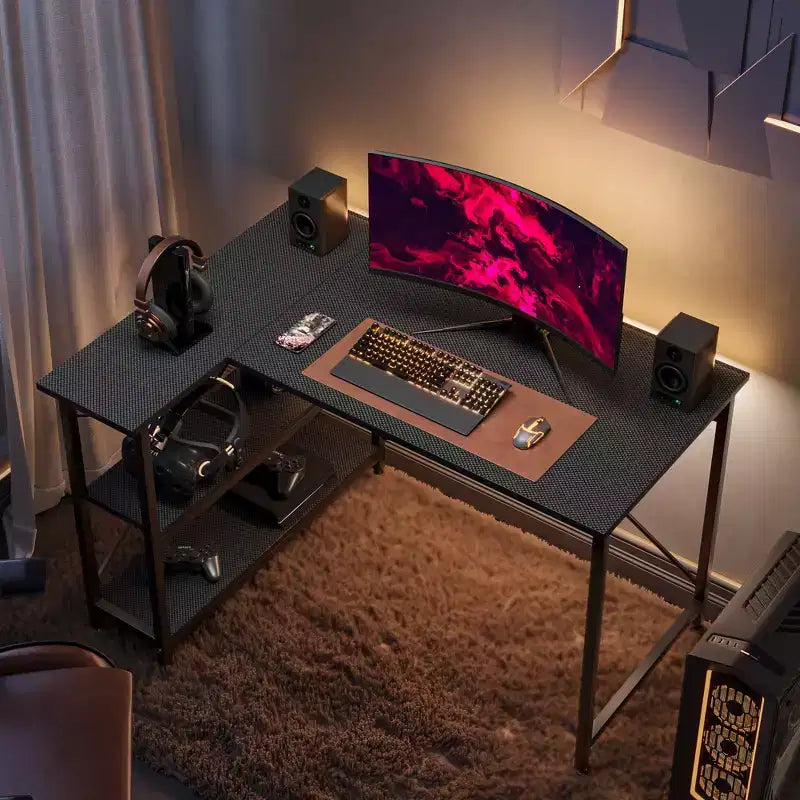 Klein L-vormig Computertafel met Opbergplanken, 47 Inch Hoekwerktafel Schrijfstudietafel Thuiswerkplek voor Kleine Ruimte