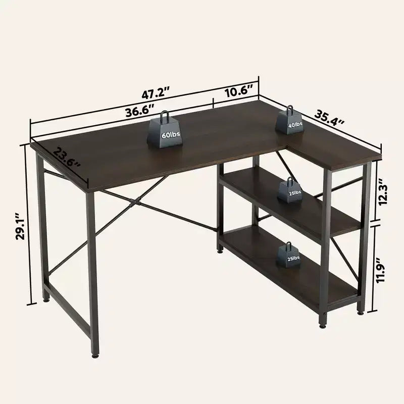 Klein L-vormig Computertafel met Opbergplanken, 47 Inch Hoekwerktafel Schrijfstudietafel Thuiswerkplek voor Kleine Ruimte
