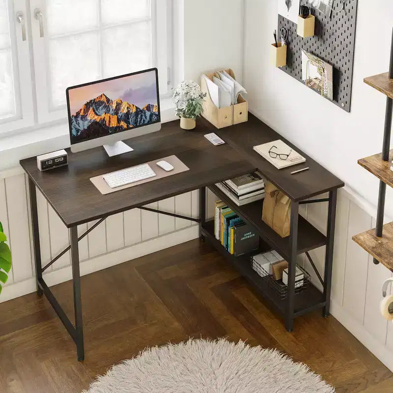 Klein L-vormig Computertafel met Opbergplanken, 47 Inch Hoekwerktafel Schrijfstudietafel Thuiswerkplek voor Kleine Ruimte
