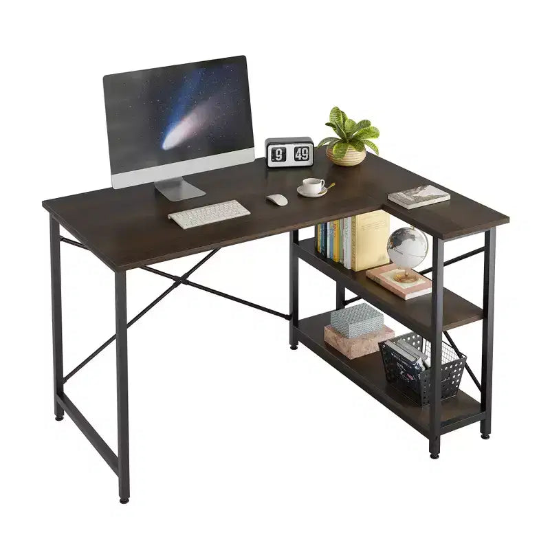 Klein L-vormig Computertafel met Opbergplanken, 47 Inch Hoekwerktafel Schrijfstudietafel Thuiswerkplek voor Kleine Ruimte