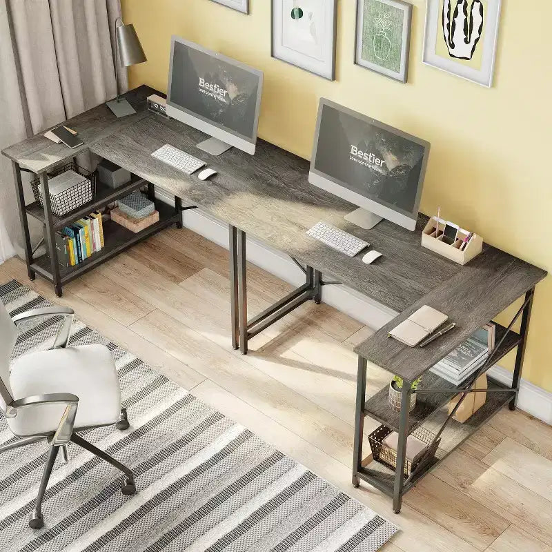 Klein L-vormig Computertafel met Opbergplanken, 47 Inch Hoekwerktafel Schrijfstudietafel Thuiswerkplek voor Kleine Ruimte