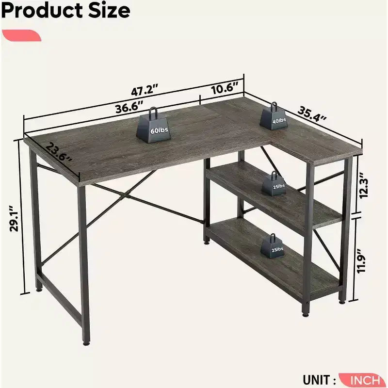 Klein L-vormig Computertafel met Opbergplanken, 47 Inch Hoekwerktafel Schrijfstudietafel Thuiswerkplek voor Kleine Ruimte