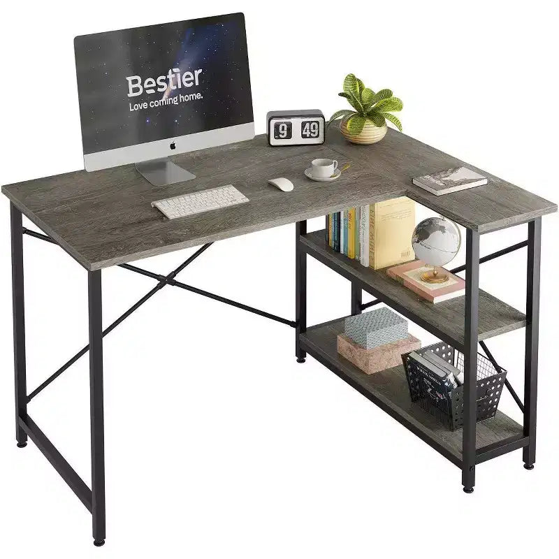 Klein L-vormig Computertafel met Opbergplanken, 47 Inch Hoekwerktafel Schrijfstudietafel Thuiswerkplek voor Kleine Ruimte