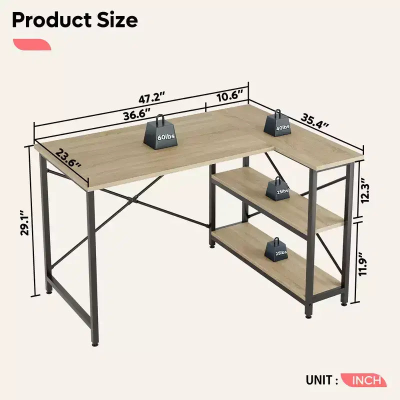 Klein L-vormig Computertafel met Opbergplanken, 47 Inch Hoekwerktafel Schrijfstudietafel Thuiswerkplek voor Kleine Ruimte