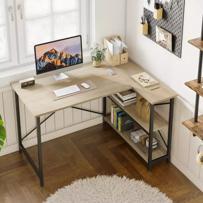 Klein L-vormig Computertafel met Opbergplanken, 47 Inch Hoekwerktafel Schrijfstudietafel Thuiswerkplek voor Kleine Ruimte