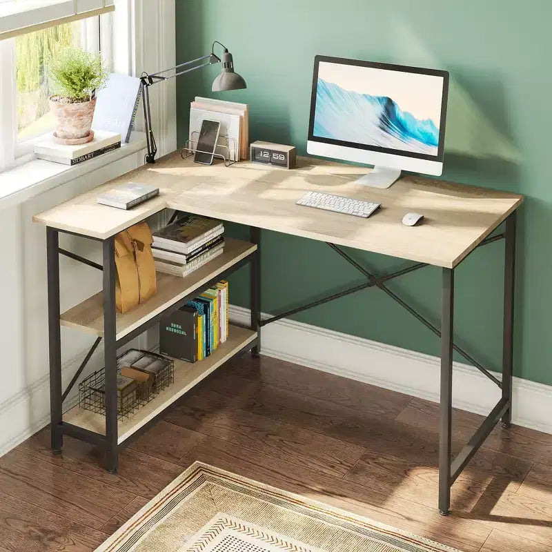 Klein L-vormig Computertafel met Opbergplanken, 47 Inch Hoekwerktafel Schrijfstudietafel Thuiswerkplek voor Kleine Ruimte