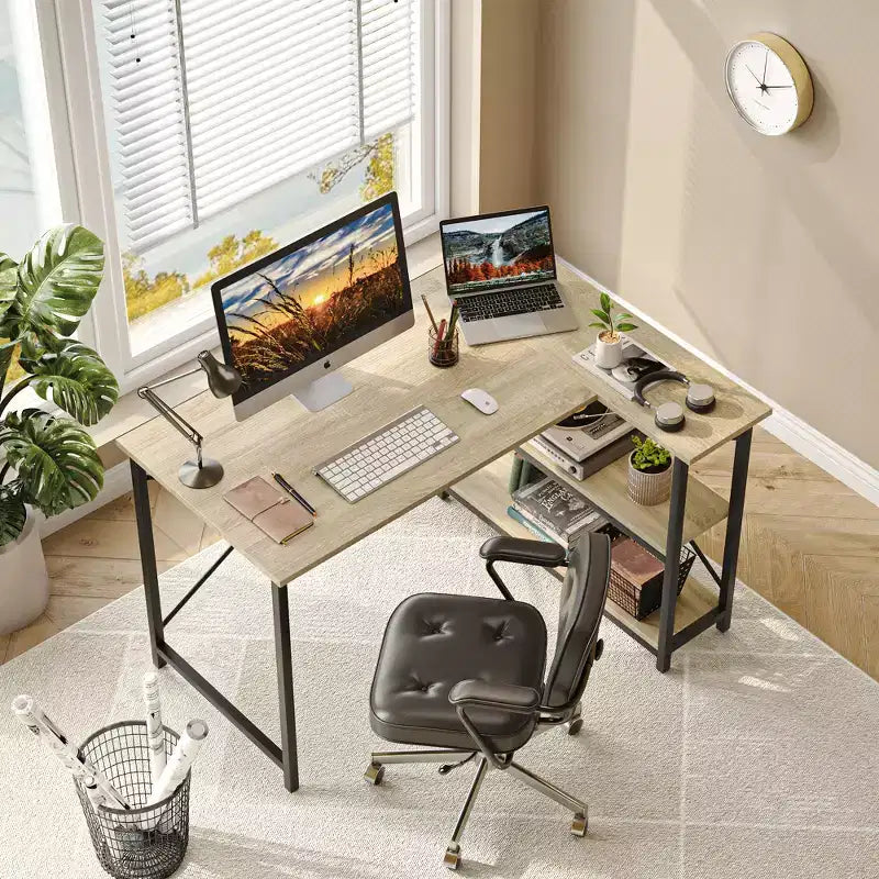Klein L-vormig Computertafel met Opbergplanken, 47 Inch Hoekwerktafel Schrijfstudietafel Thuiswerkplek voor Kleine Ruimte