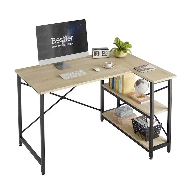Klein L-vormig Computertafel met Opbergplanken, 47 Inch Hoekwerktafel Schrijfstudietafel Thuiswerkplek voor Kleine Ruimte