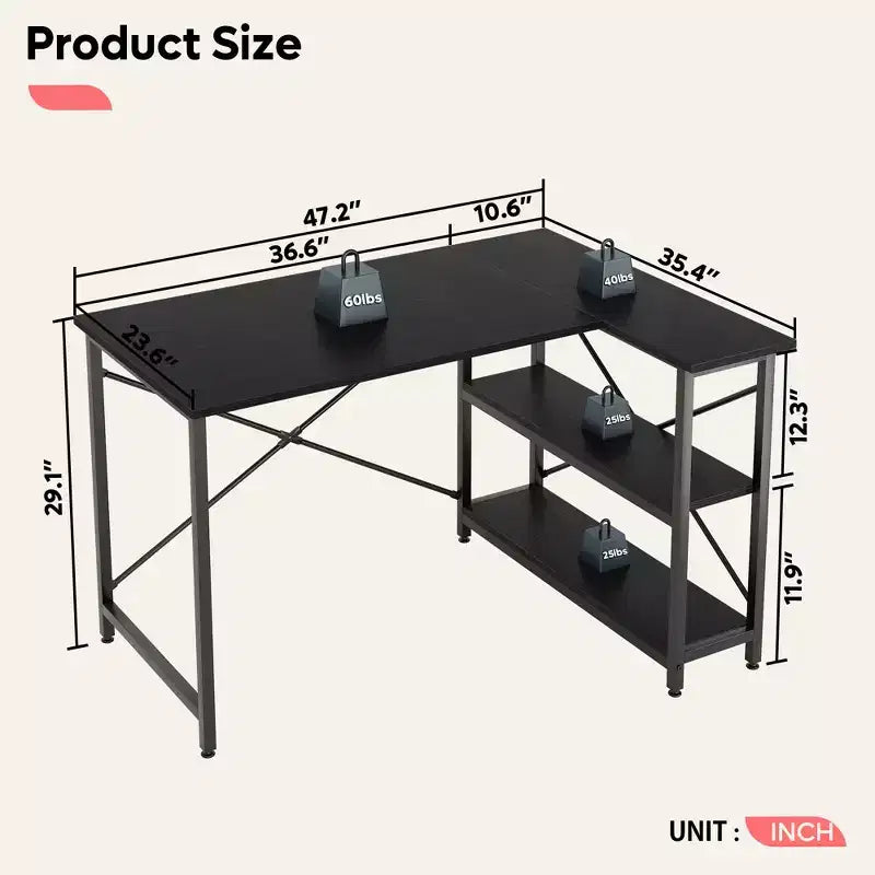 Klein L-vormig Computertafel met Opbergplanken, 47 Inch Hoekwerktafel Schrijfstudietafel Thuiswerkplek voor Kleine Ruimte