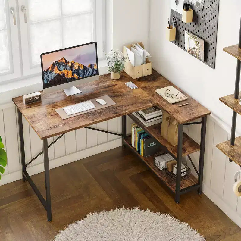 Klein L-vormig Computertafel met Opbergplanken, 47 Inch Hoekwerktafel Schrijfstudietafel Thuiswerkplek voor Kleine Ruimte