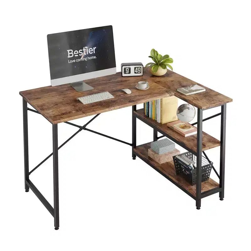 Klein L-vormig Computertafel met Opbergplanken, 47 Inch Hoekwerktafel Schrijfstudietafel Thuiswerkplek voor Kleine Ruimte