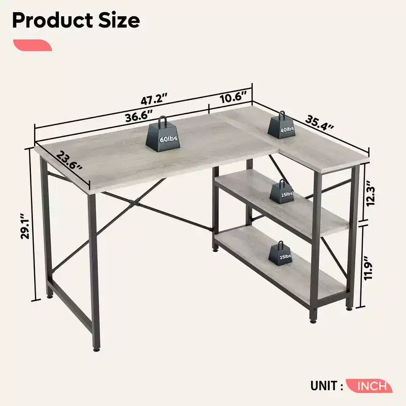 Klein L-vormig Computertafel met Opbergplanken, 47 Inch Hoekwerktafel Schrijfstudietafel Thuiswerkplek voor Kleine Ruimte
