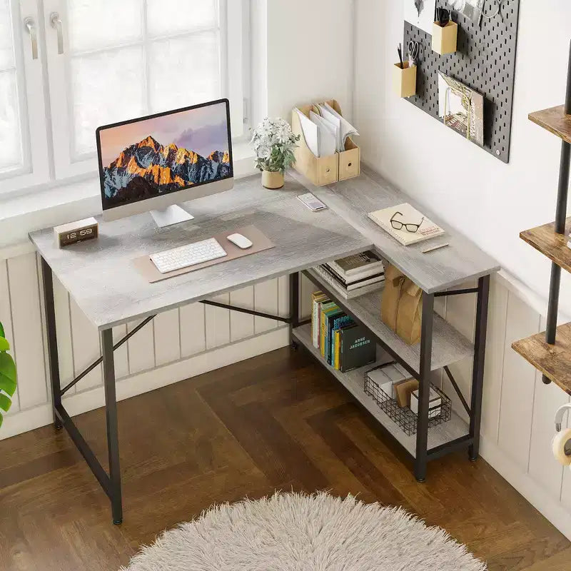Klein L-vormig Computertafel met Opbergplanken, 47 Inch Hoekwerktafel Schrijfstudietafel Thuiswerkplek voor Kleine Ruimte