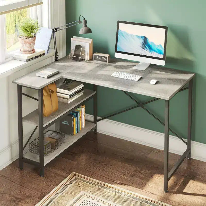 Klein L-vormig Computertafel met Opbergplanken, 47 Inch Hoekwerktafel Schrijfstudietafel Thuiswerkplek voor Kleine Ruimte
