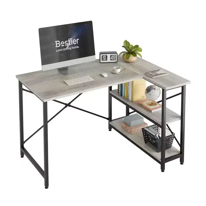 Klein L-vormig Computertafel met Opbergplanken, 47 Inch Hoekwerktafel Schrijfstudietafel Thuiswerkplek voor Kleine Ruimte