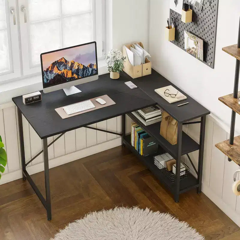Klein L-vormig Computertafel met Opbergplanken, 47 Inch Hoekwerktafel Schrijfstudietafel Thuiswerkplek voor Kleine Ruimte