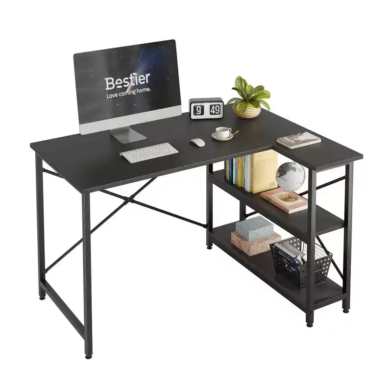 Klein L-vormig Computertafel met Opbergplanken, 47 Inch Hoekwerktafel Schrijfstudietafel Thuiswerkplek voor Kleine Ruimte