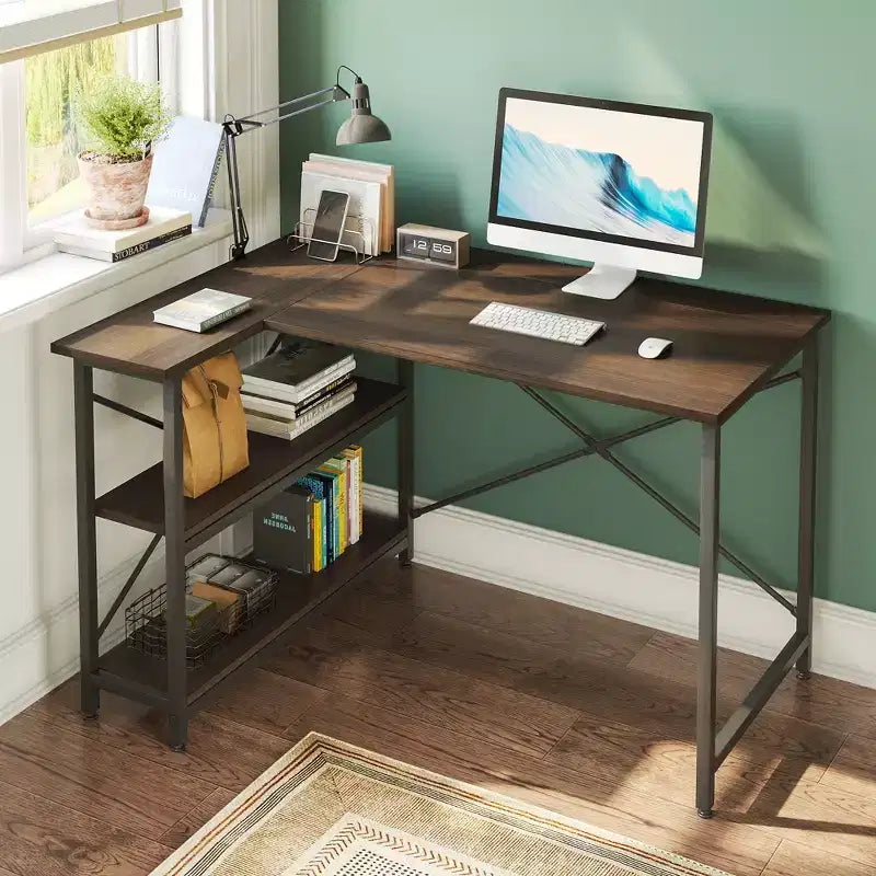 Small L Shaped Computer Desk with Storage Shelves, 47 Inch Corner Work Desk Writing Study Table Home Office Workstation for Small Space
