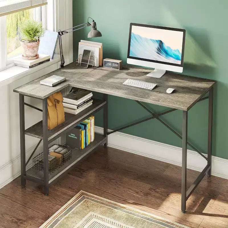 Small L Shaped Computer Desk with Storage Shelves, 47 Inch Corner Work Desk Writing Study Table Home Office Workstation for Small Space