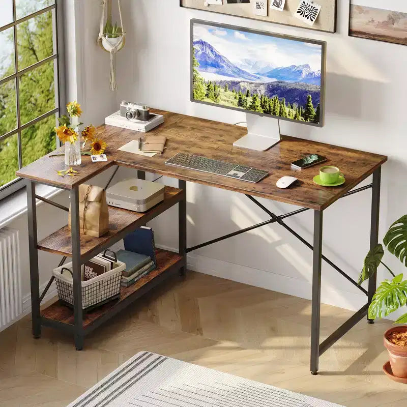Small L Shaped Computer Desk with Storage Shelves, 47 Inch Corner Work Desk Writing Study Table Home Office Workstation for Small Space