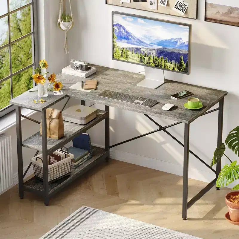 Small L Shaped Computer Desk with Storage Shelves, 47 Inch Corner Work Desk Writing Study Table Home Office Workstation for Small Space