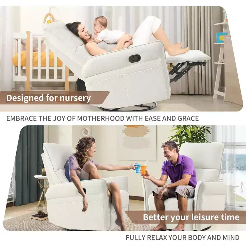 Rocking Recliner Chair with Side Pocket 360 Swivel Nursery Accent Chair Small Glider Chair for Living Room Bedroom Home Theater