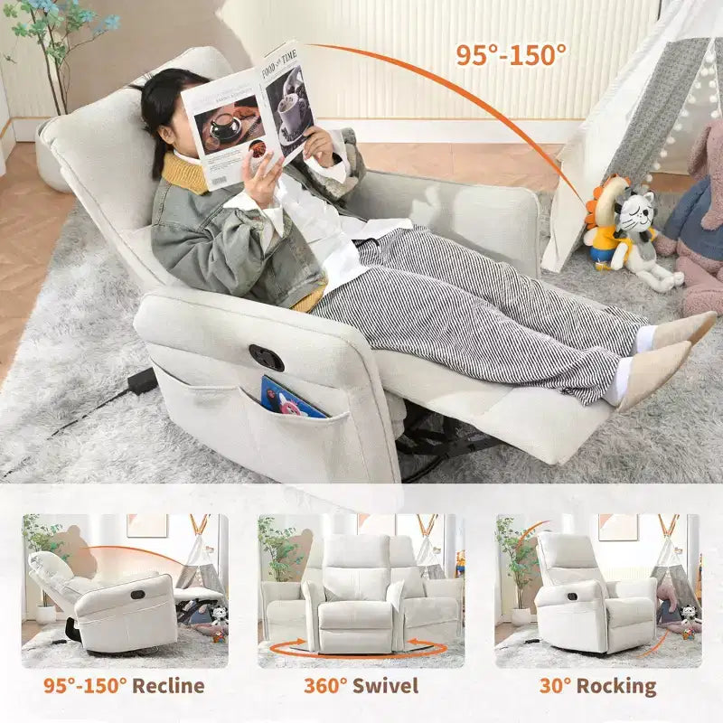 Rocking Recliner Chair with Side Pocket 360 Swivel Nursery Accent Chair Small Glider Chair for Living Room Bedroom Home Theater