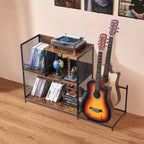 3-Tier Record Player Stand with Guitar Holder, Turntable Stand with Storage Holds Up to 300 Albums, Vinyl Record Cabinet with Metal Mesh Frame