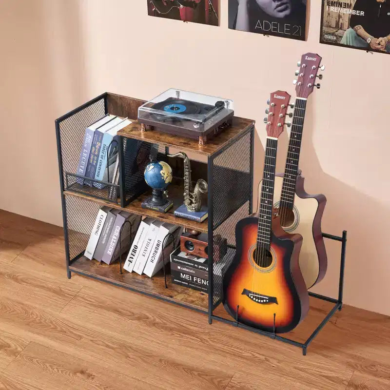 3-Tier Record Player Stand with Guitar Holder, Turntable Stand with Storage Holds Up to 300 Albums, Vinyl Record Cabinet with Metal Mesh Frame